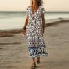 Летнее платье Женское длинное платье бохо для пляжа Элегантное платье макси V-образный вырез Короткий рукав Летнее платье-туника Легкое воздушное