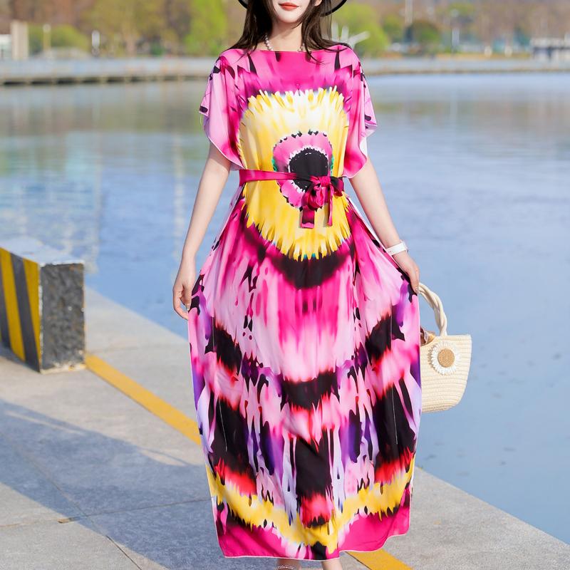 Элегантное летнее повседневное платье для женщин Винтажная одежда Короткий рукав Свободное длинное платье