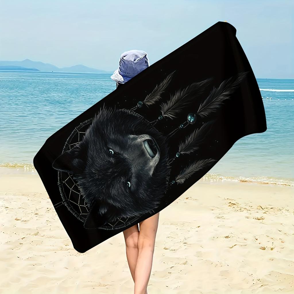 Fierce Wolf Art Beach Towel, Retro Fantasy Theme Quick-Dry Sand-Free Microfiber Bath Towel for Home, Bathroom and Outdoor Travel