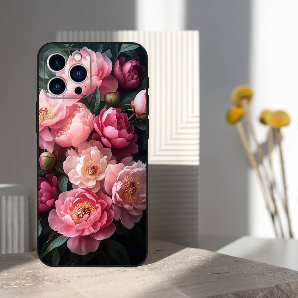 Pink Purple Peony Elegant For iPhone 12,14,13,15,8,7,16,11,17,X,Mini,Plus,Pro,XR,SE,XS,Max,Soft Silicone Black Case