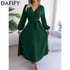 Women's Fashion Summer Spring Solid Color Print Long Sleeve V-Neck High Waist Casual Dresses