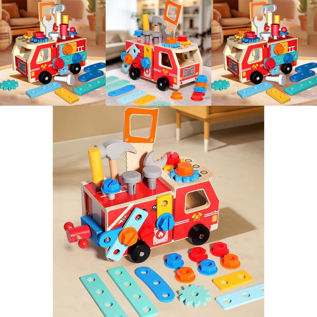 Educational Wooden Fire Engine Building Set For Childrens Cognitive Skills Development