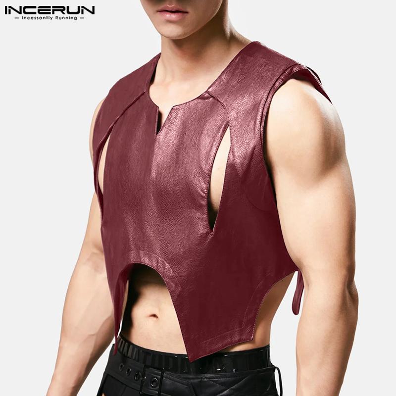 INCERUN Мужские повседневные свободные майки из искусственной кожи без рукавов с вырезом и ажурным узором