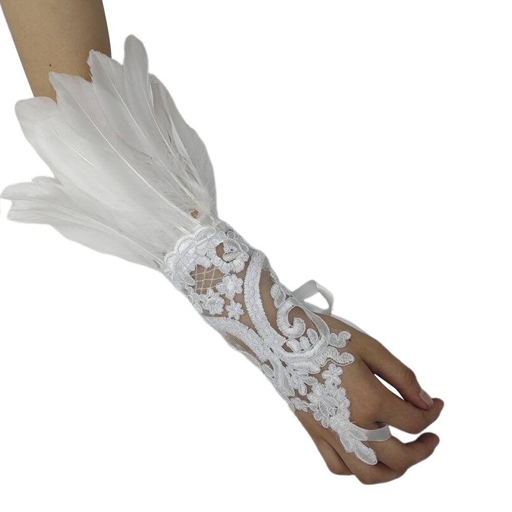 1PC Embroidery Feather Long Gloves White Black Female Mittens Wedding Gloves Party Wear