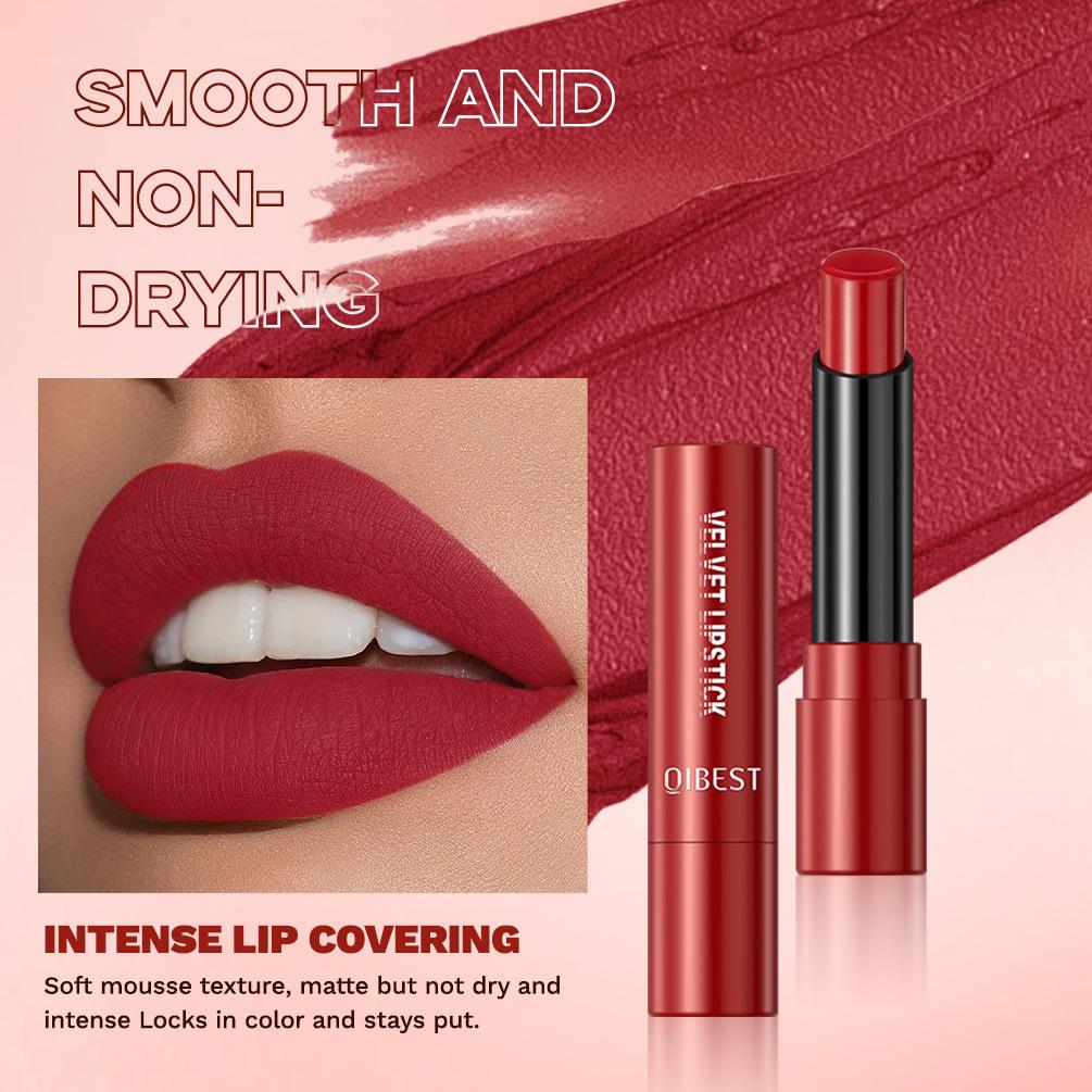 QIBEST Matte Velvet Matte Lipstick Easy To Colour Non-stick Cup Does Not Fall Out Moisturizing Long-lasting Lipstick Makeup