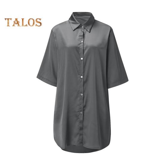 Женская летняя ночная рубашка с коротким рукавом, рубашка с отворотом, однобортная, свободная, сплошной цвет, атласная, свободная, с разрезом подол, домашняя одежда, платье для сна, ночная рубашка