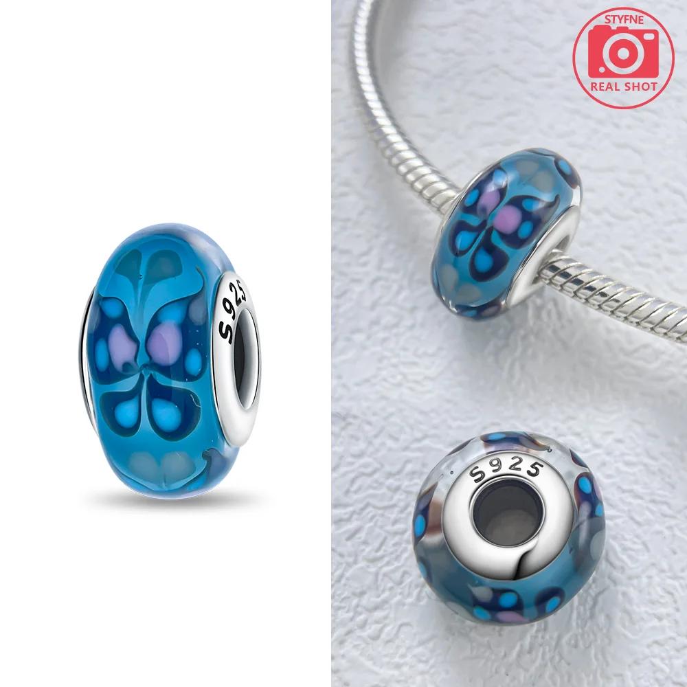 925 Silver Bracelet Women DIY Gift Murano Jewelry with Flower Blue Star Green Turtle Glass Beads