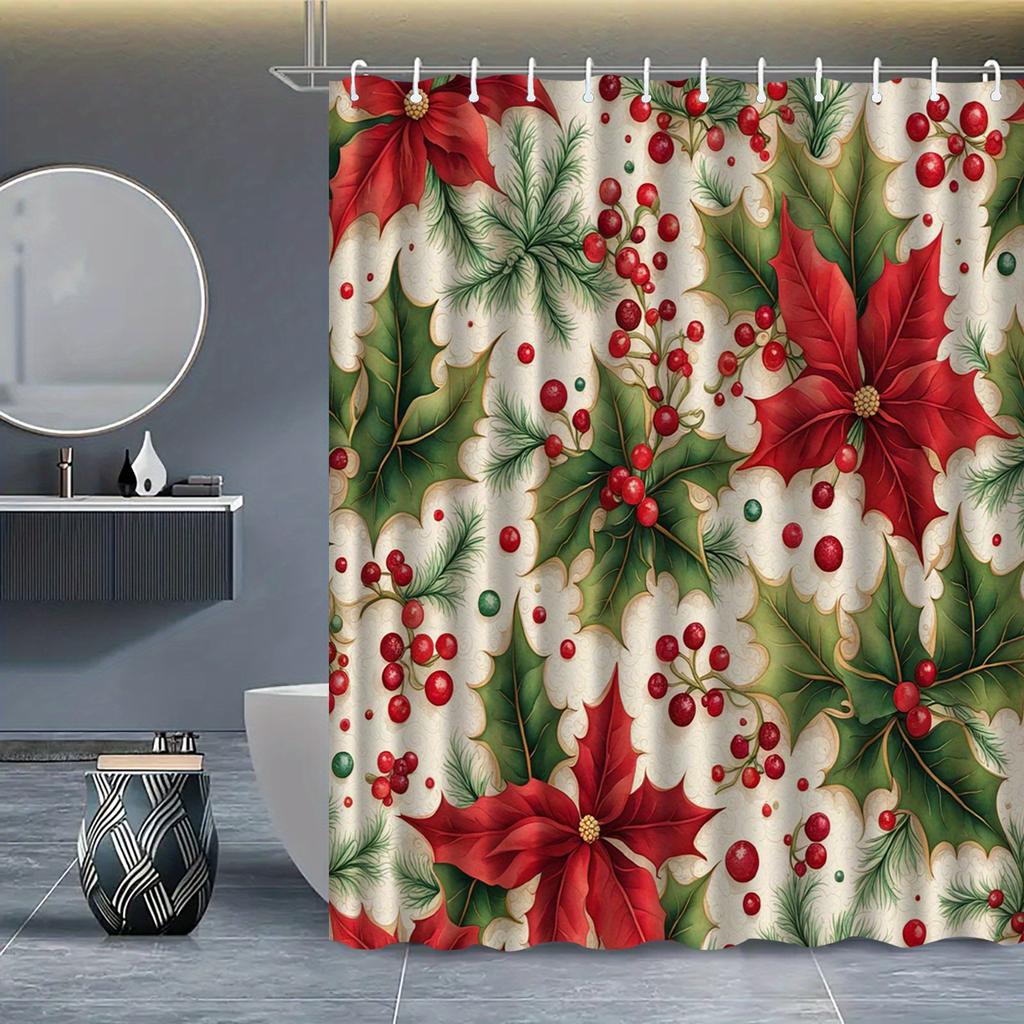 GAERed Poinsettia & Green Leaf Holiday Shower Curtain with Hooks - Machine Washable Polyester Bathroom Decor, Christmas Winter