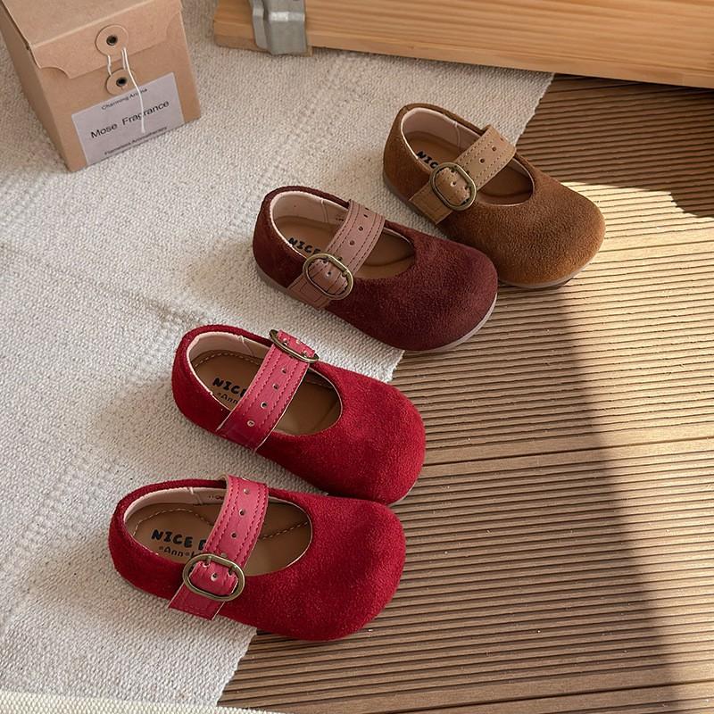 Girls Retro French Style PU Flat Shoes With Soft Sole Magic Tape Wear