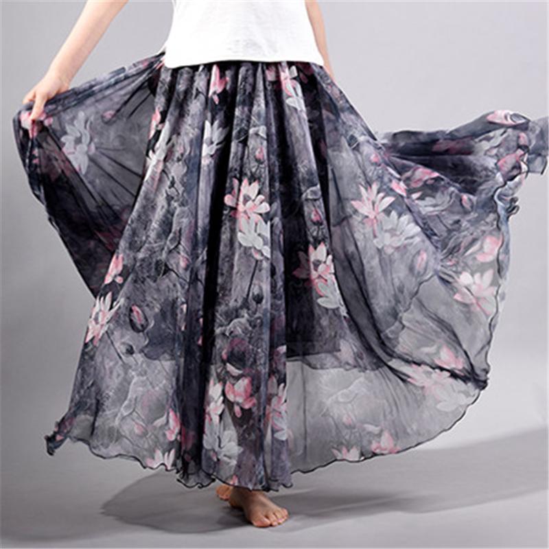 Women Boho Floor-Length Long Beach Party Loose Flare Vintage Bohemia Chiffon Floral Printed Skirts