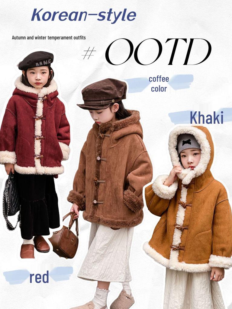 Детское пальто из искусственной овчины с капюшоном в корейском стиле - Зимнее теплое цельное пальто на пуговицах-дафлкотах для мальчиков и девочек