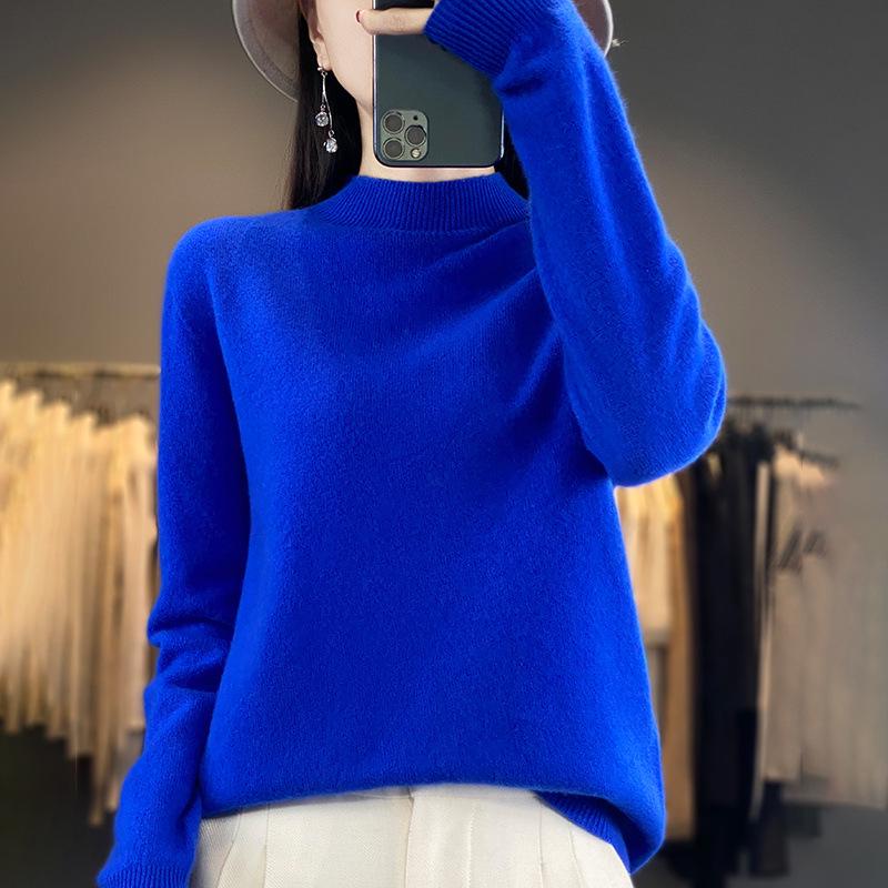 Women's Pure Wool Half-High Neck Sweater - Loose Fit Knitwear for Autumn and Winter