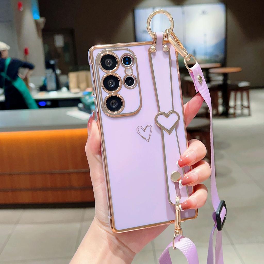 Гальваническое покрытие Любовь Подходит для чехла для мобильного телефона Samsung S25 Ultra S24FE Ремешок на запястье Подставка Шнурок A56 Защитный чехол