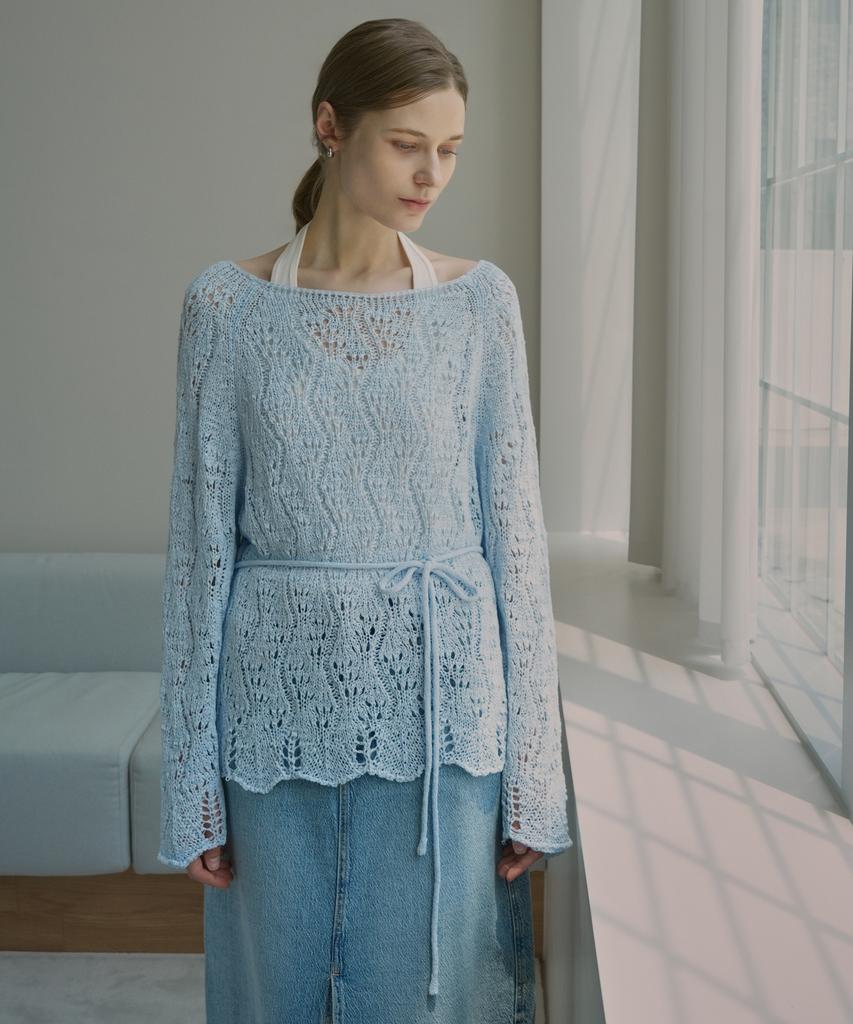 VLETI Contrast Neck Raglan Wave Trim Knit & Waist Strin (Sky Blue)