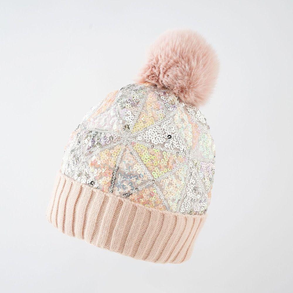 Sequin Pullover Yarn Hat Removable Plush Ball Knitting Cap Women Warm Beanies Hats Autumn Winter
