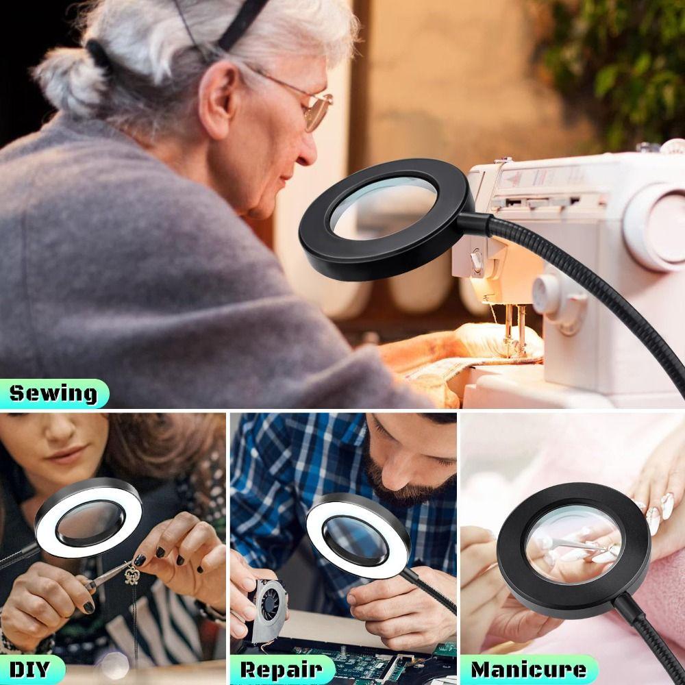 360°Flexible Gooseneck Magnifying Glass with Light 5X Lighted Desk Lamp Night Clip  Jewelry Making