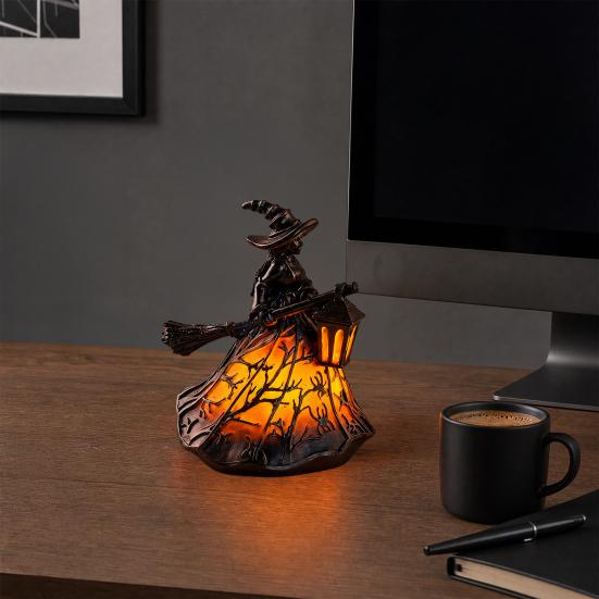 Yousheng Stained Glass Witch Hat Lamp, Handcrafted Retro Resin Witch Lamp, USB Powered Gothic Wizard Hats Night Light, Halloween Home Decor