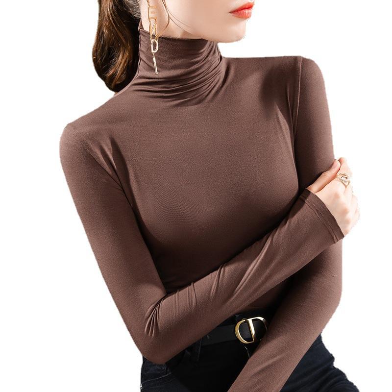Базовая рубашка с высоким воротом для женщин, новая женская однотонная футболка с длинными рукавами, модный топ с ворсистым воротником