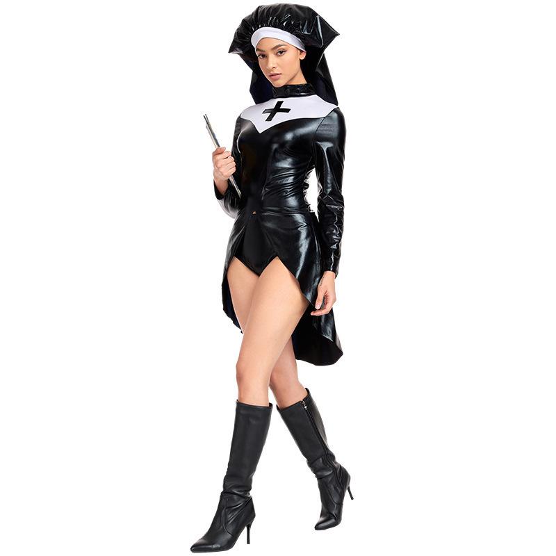 Leather Nun Uniform Halloween Costume PU Leather Punk Nun Costuecos