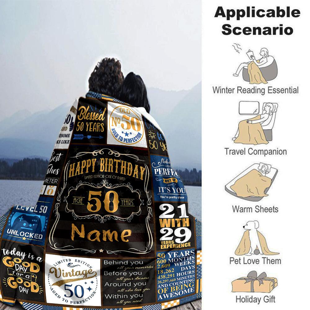 Happy 50th Birthday Blue Personalized Text Blanket Cozy Personalized Blanket Ultra-Soft Perfect for Home Decor Bed Seaside Bedding