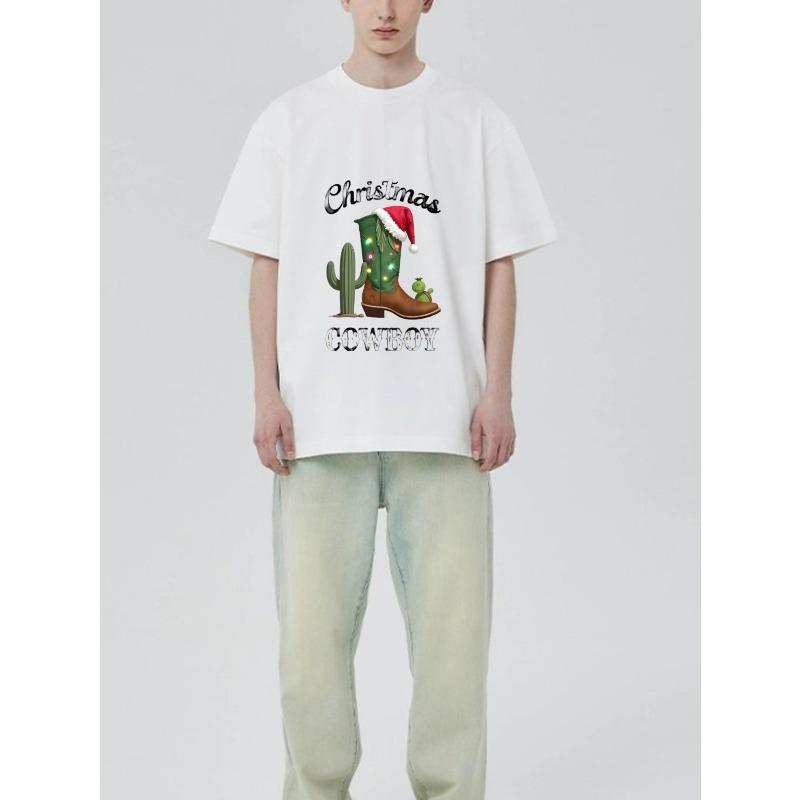 Рождественская ковбойская футболка черного цвета с принтом кактуса и ковбойского сапога в шапке Санты и с огоньками для ношения на праздничной вечеринке