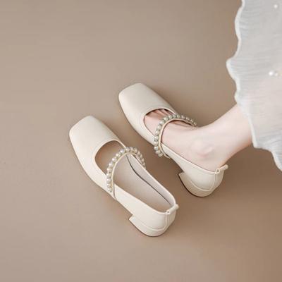 Полукруглые мягкие одинарные туфли женские летние туфли Мэри Джейн с неглубоким носком и толстым каблуком-жемчужиной