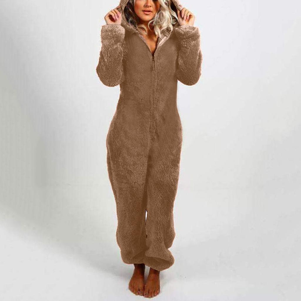 Women Long Sleeve Hooded Jumpsuit Pajamas Casual Winter Warm Rompe Sleepwear