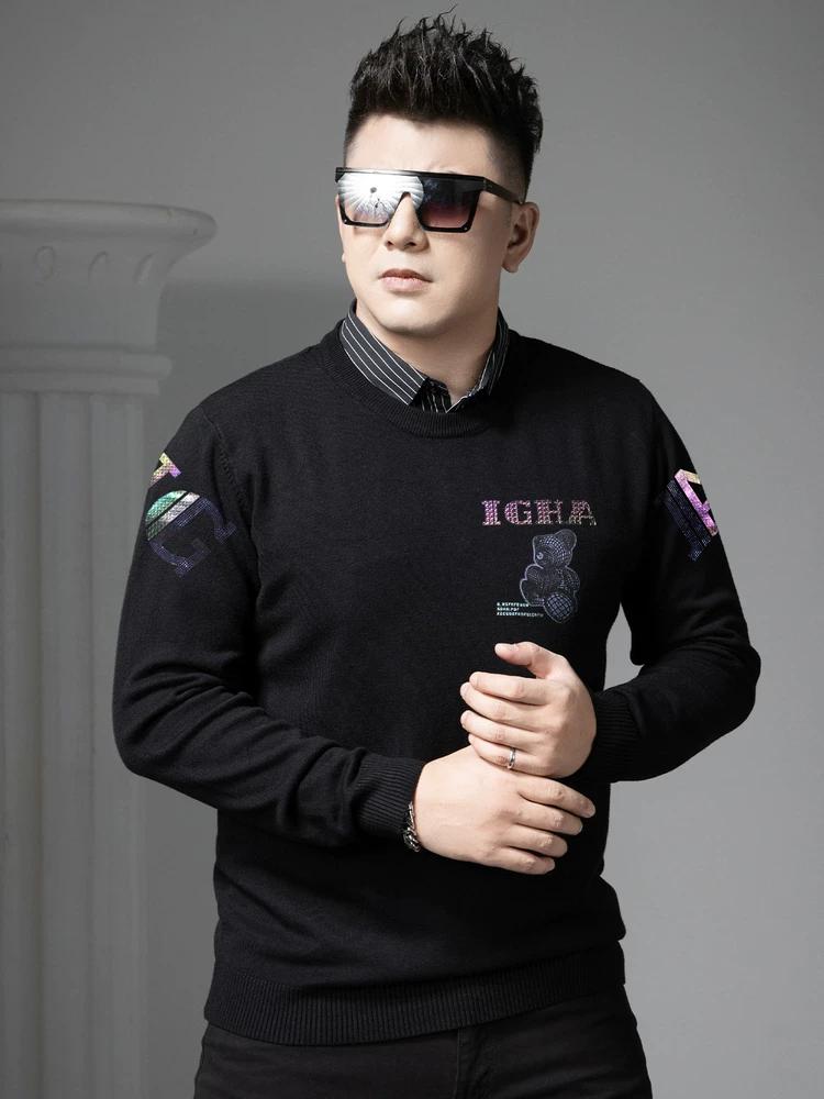 European-Style Fake Two-Piece Sweater for Men, 2025 Autumn and Winter New Trendy Brand Bear Print Round Neck Knitted Base Shirt for Men