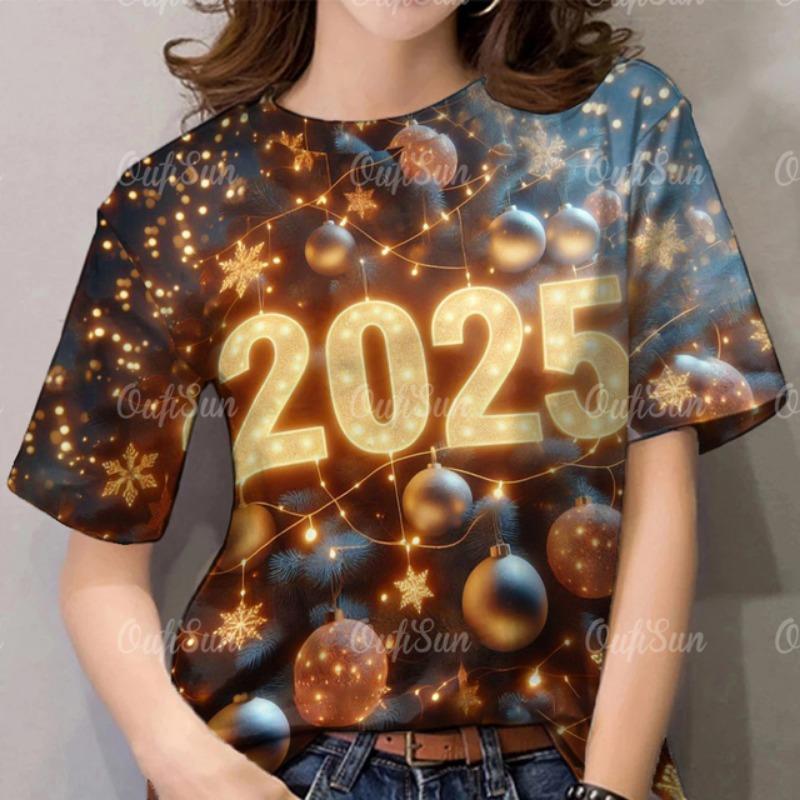 2025 Новый год женская футболка мода круглый вырез короткий рукав одежда для женщин летние красочные повседневные топы повседневный пуловер