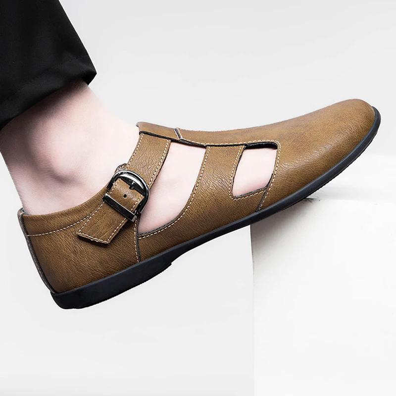 Men's Genuine Leather Hollow Out Sandals Breathable Summer Casual Footwear