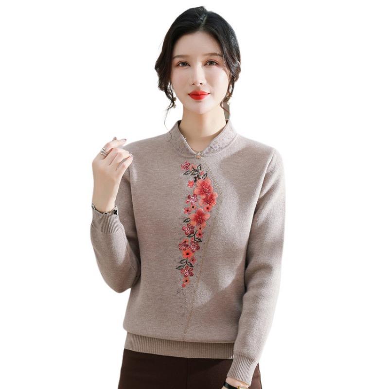 Hot Jacquard Wool Bottoming Sweater Autumn and Winter Clothing Middle-aged Mother Clothing Pure Wool Knitted Sweater