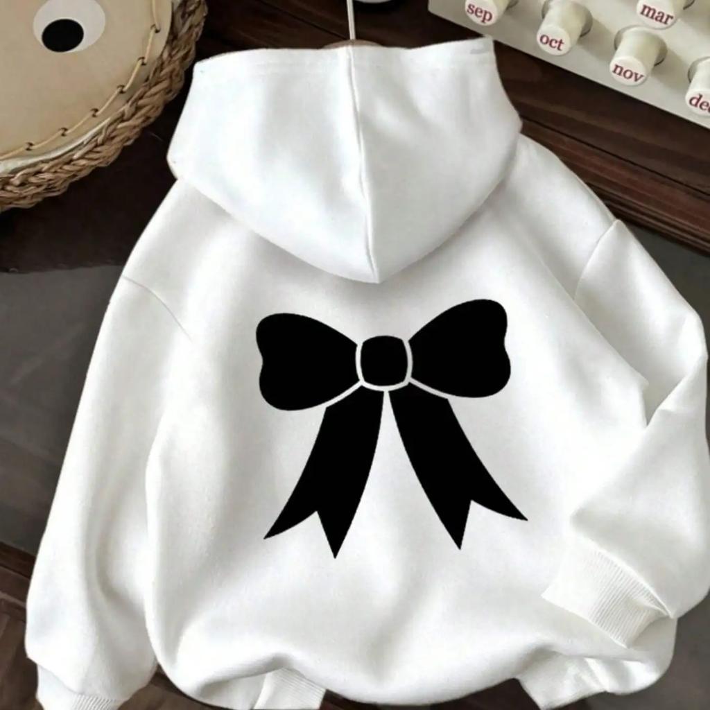 Women's Black Bow Printed Top Hoodie Casual Soft and Comfortable Outdoor Hoodie Sweatshirt Autumn Winter Loose Women's Clothing