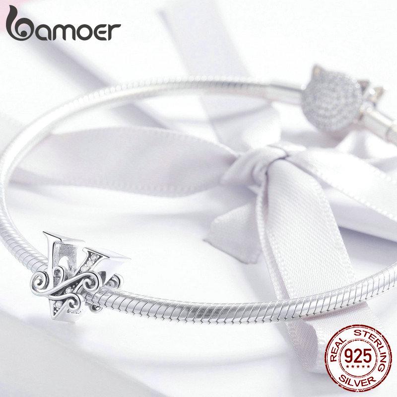 BAMOER Genuine 925 Sterling Silver Letter V Alphabet Beads Charms Fit Charm Bracelets & Bangles DIY