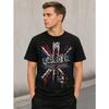 Men's Black Short-sleeve Crewneck Tee with Distressed Union Jack and Anarchy Street Legend Graphic Print, Relaxed Fit Cotton-blend Fabric for Casual
