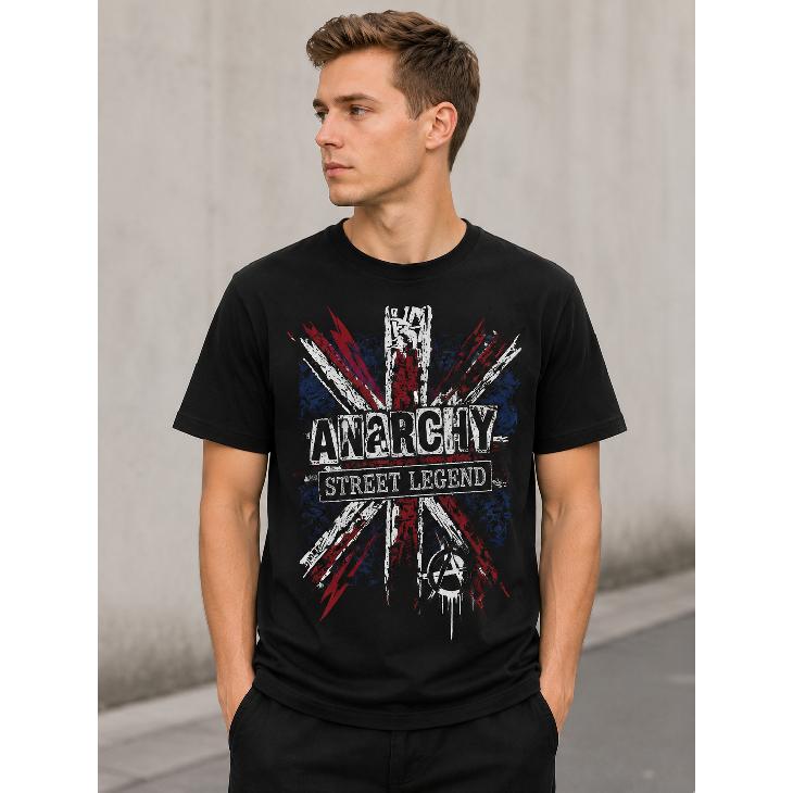 Men's black short-sleeve crewneck tee with distressed union jack and anarchy street legend graphic print, relaxed fit cotton-blend fabric for casual