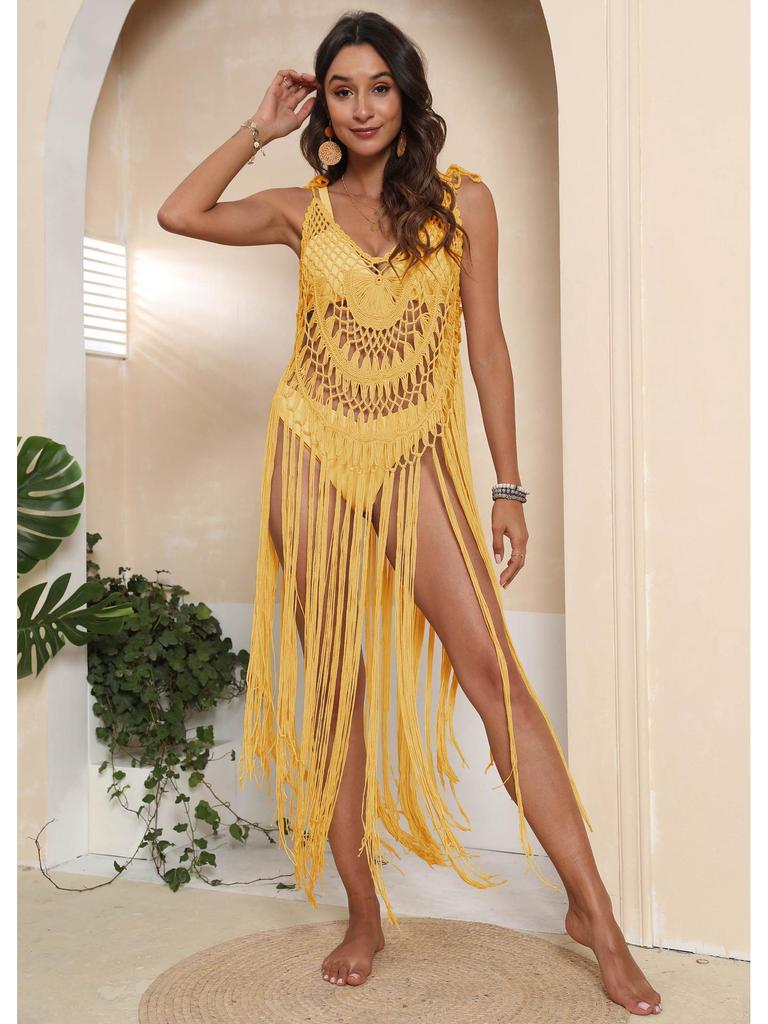 Hand-Crocheted European-American Beach Cover-Up Dress with Tassel and Hollow-Out Design