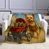 Yorkie Family Stroll in Red Stroller Patterned flannel blanket perfect for the bedroom living room, sofa, or a little nap