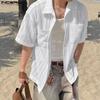 Mens Oversized Short Sleeve Button Down Semi-Sheer Casual Loose Texture Shirts