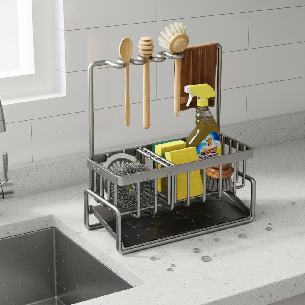 Kitchen Multi-Functional Storage Rack For Sink And Countertop With Drainage Tray