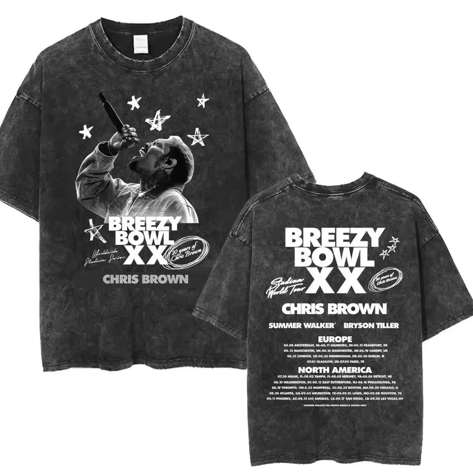 Крис Браун Breezy Bowl XX Концерт Хлопковая Футболка Тур Стирка Футболки Винтажный Готический Топ Мужской Портрет Хип-Хоп Уличная Одежда