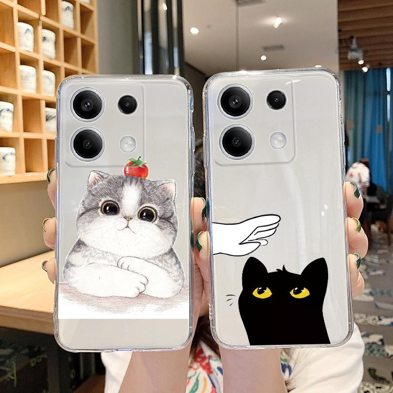 Cute Cat Patterned Soft Silicone Clear Case For Xiaomi Redmi 13C Note 13 Pro Samsung A55 A54 A34 S24 M35 iPhone 15 Camera Protective Shockproof Cover