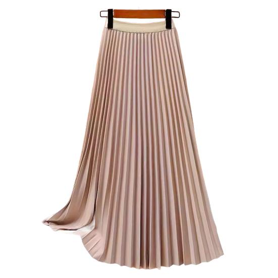 Women Pleated Skirt Elastic High Waist Solid Color Midi Skirt Soft Breathable Office Lady Slimming Skirt Daily Wear
