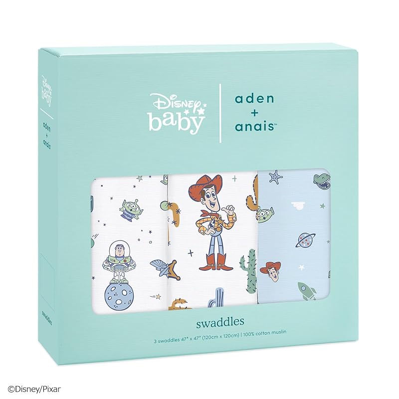 Aden + anais Набор из 3 пеленок Disney История игрушек, 120 x 120 см, Муслиновый хлопок, для новорожденных, Подарок на Baby Shower (SWADABDASWC30010DI)
