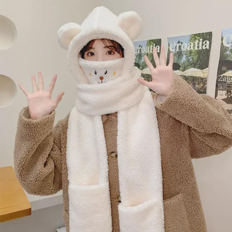 Милый зимний комплект из шапки и шарфа с медведем, маской и наушниками - ветрозащитный и плюшевый