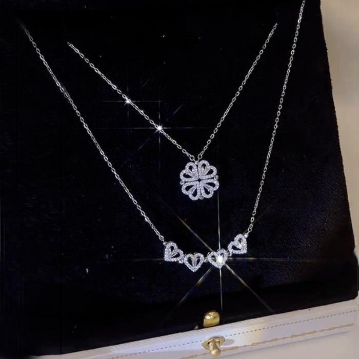 Collier - SILVER - Trèfle à quatre feuilles - Zircon - Pendentif cœur - Chaîne à clavicule