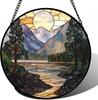 Stained Glass Window Hanging, Sunset Mountains Lake Tree Sun Catcher for Window Home Decor Landscape Suncatcher Mother's Day Birthday Gifts 7.8 In