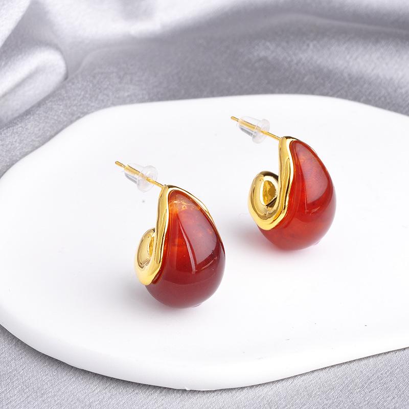 Gold-Tone Marbled Resin Drop Earrings - Burgundy & Red Hand-Sculpted Canvas Texture for Bold Women's Art Jewelry