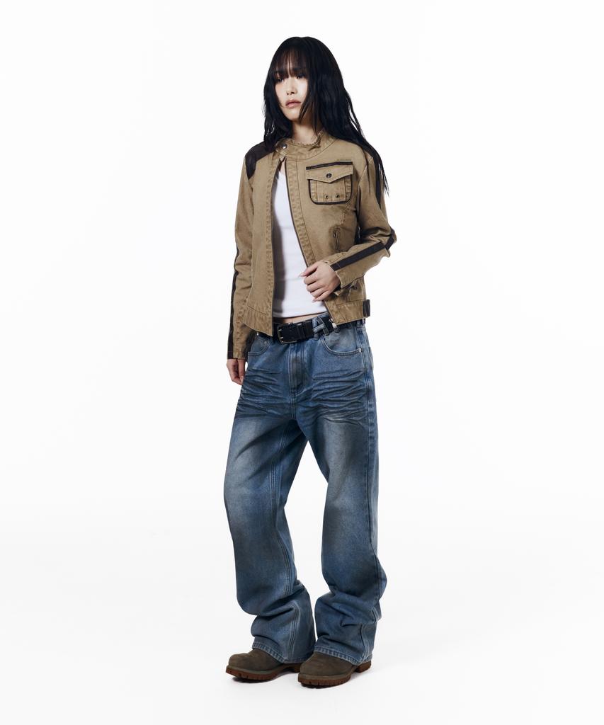 AAKAM Slant Leather Patch Jacket (Beige)