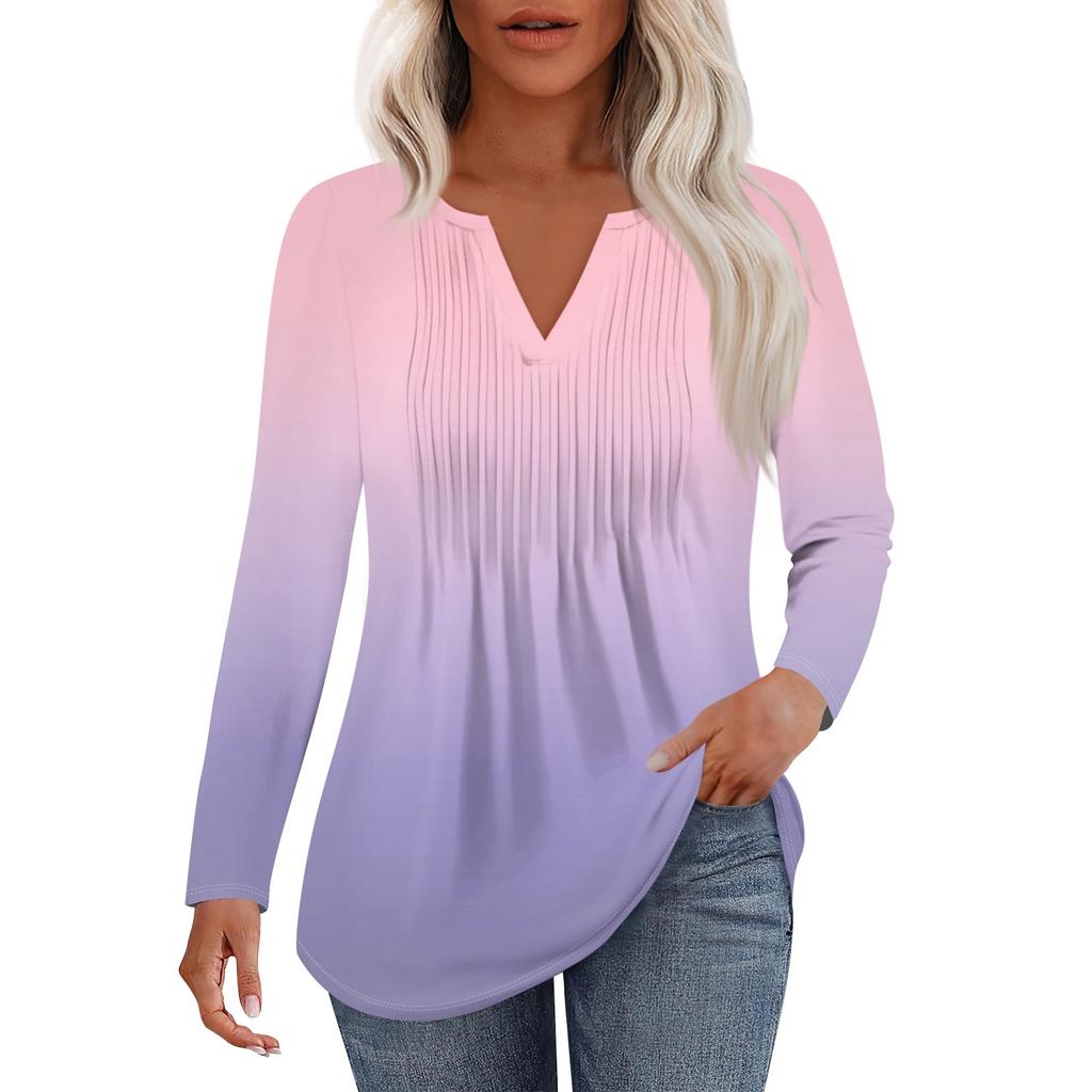 Женская Мода Повседневная Плиссированная Футболка с V-образным Вырезом Однотонная с Длинным Рукавом Элегантные Топы