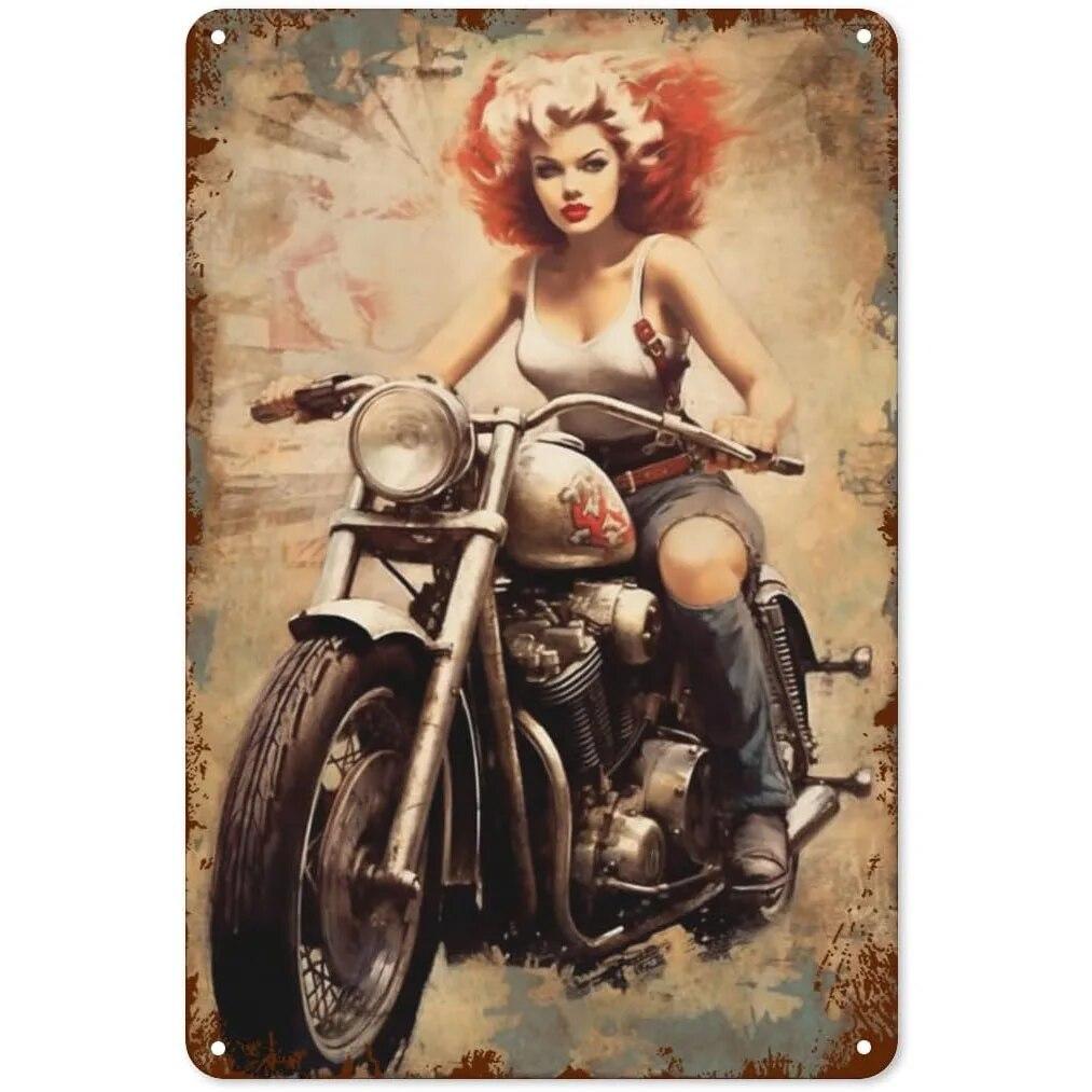 Металлические жестяные вывески Pin Up Девушка Женщина Мотоцикл Сексуальная Девушка Винтаж Забавные Художественные Настенные Украшения для Дома Мужчина Пещера Гараж Кафе Бар Клуб